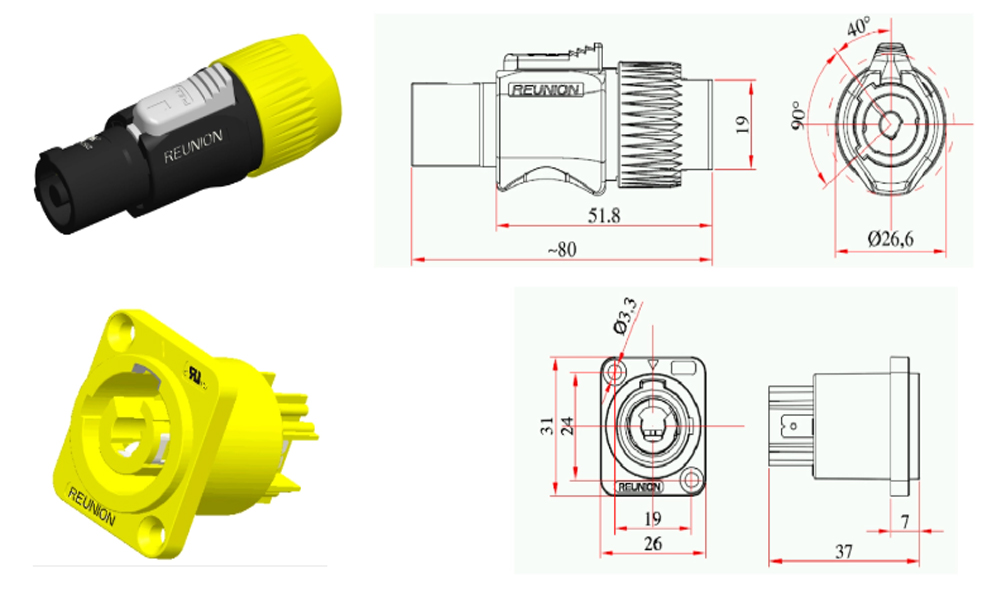 REUNION 3N Series 3Pins Power connector for LED display, LED lighting ...